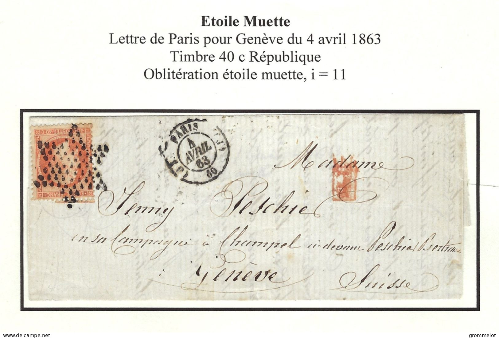 ETOILE MUETTE, Paris Pour GENEVE 1863 Aff 40c N° 23 , Très Belle - 1849-1876: Classic Period