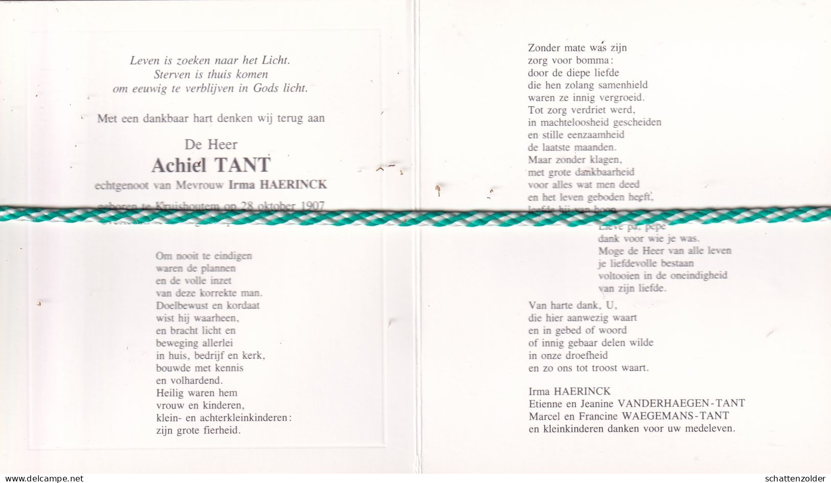 Achiel Tant-Haerinck, Kruishoutem 1907, Waregem 1992. Foto - Esquela