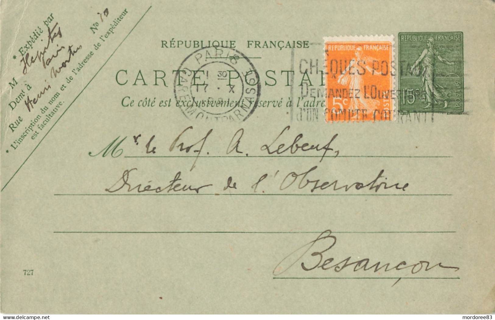 ENTIER SEMEUSE 15C 130-CP1 DATE 727 + COMPLEMENT 5C PARIS 17/10/1921 POUR BESANCON - Standard Postcards & Stamped On Demand (before 1995)