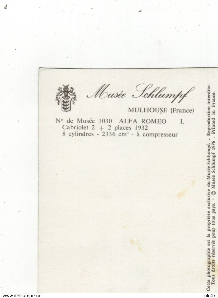 MULHOUSE. - Musée Schlumpf - ALFA ROMEO Cabriolet 2+2 Places  1932 - Scan Verso - - PKW