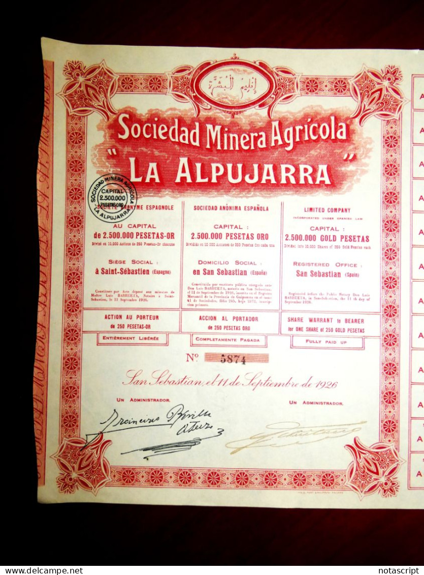 Minera Agrícola La Alpujarra SA ,gold Mines , Uguijar Granada(Spain) 1926. Share Certificate - Mijnen