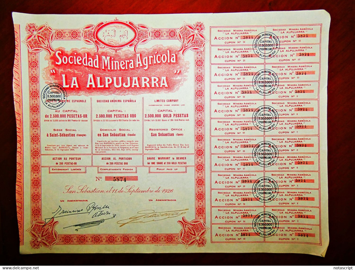 Minera Agrícola La Alpujarra SA ,gold Mines , Uguijar Granada(Spain) 1926. Share Certificate - Mines