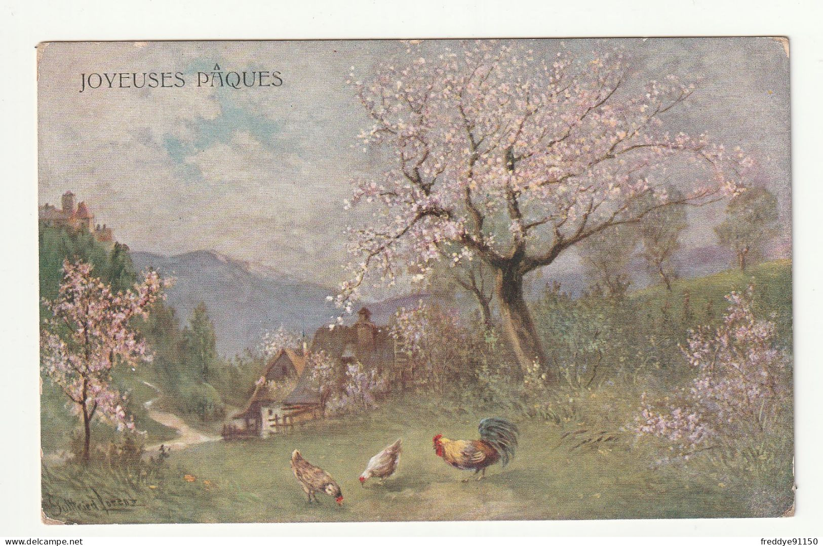 CPA Joyeuses Paques . Illustrateur H.Ch.Vienne . H.Christ  N°192B  Paysage  Poules Coq  - Ostern