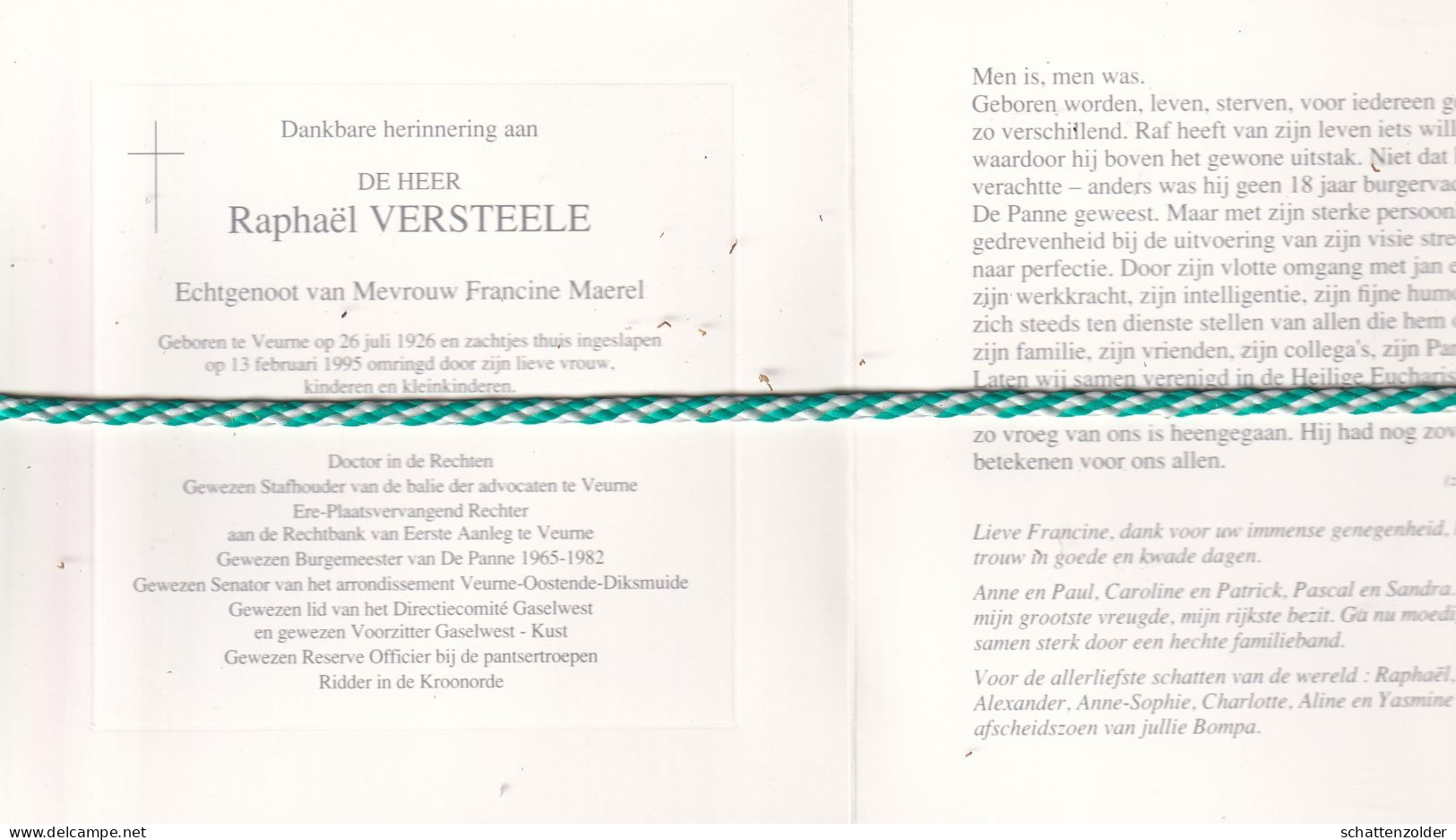 Raphaël Versteele-Maerel, Veurne 1926, 1995. Gewezen Burgemeester De Panne 1965-82. Foto - Todesanzeige