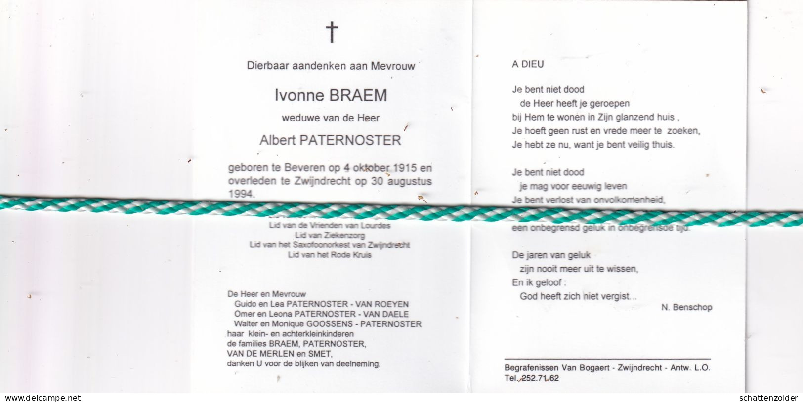 Ivonne Braem-Paternoster, Beveren 1915, Zwijndrecht 1994; Foto - Obituary Notices