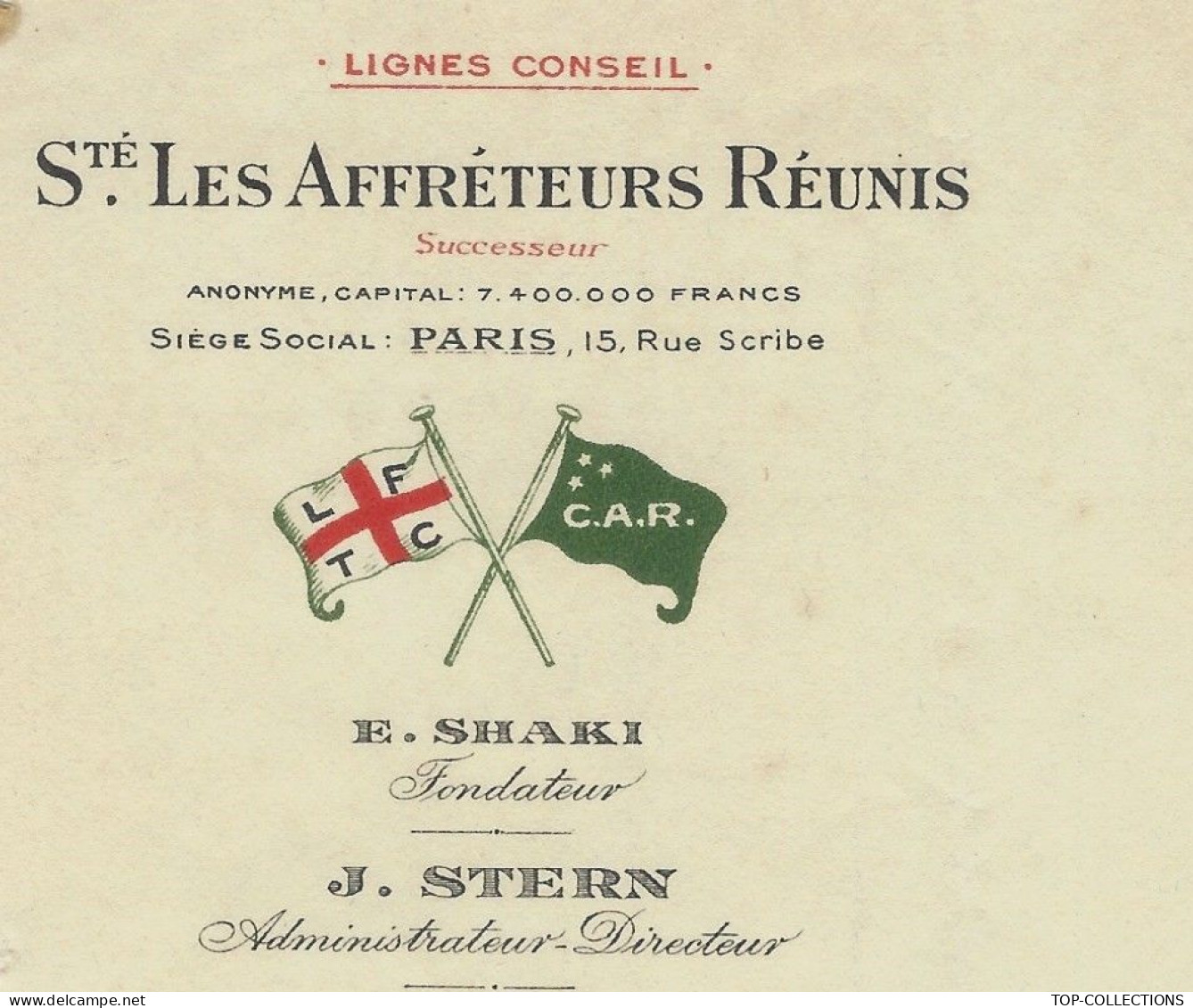 1920  NAVIGATION LOGO PAVILLON Sté Les Affréteurs Réunis Paris  Bordeaux Lignes De Levant Pour Cognac V.HISTORIQUE - 1900 – 1949