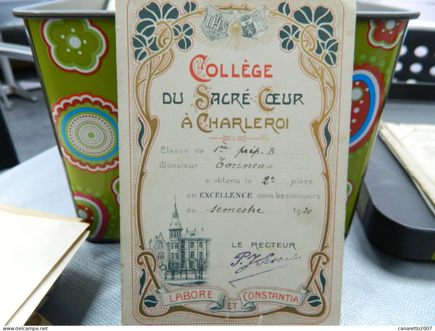CHARLEROI: COLLEGE DU SACRE COEUR A CHARLEROI CARTE D'EXCELLENCE  DE M.TONNEAU EN 1920-DECOR ART NOUVEAU - Diplome Und Schulzeugnisse