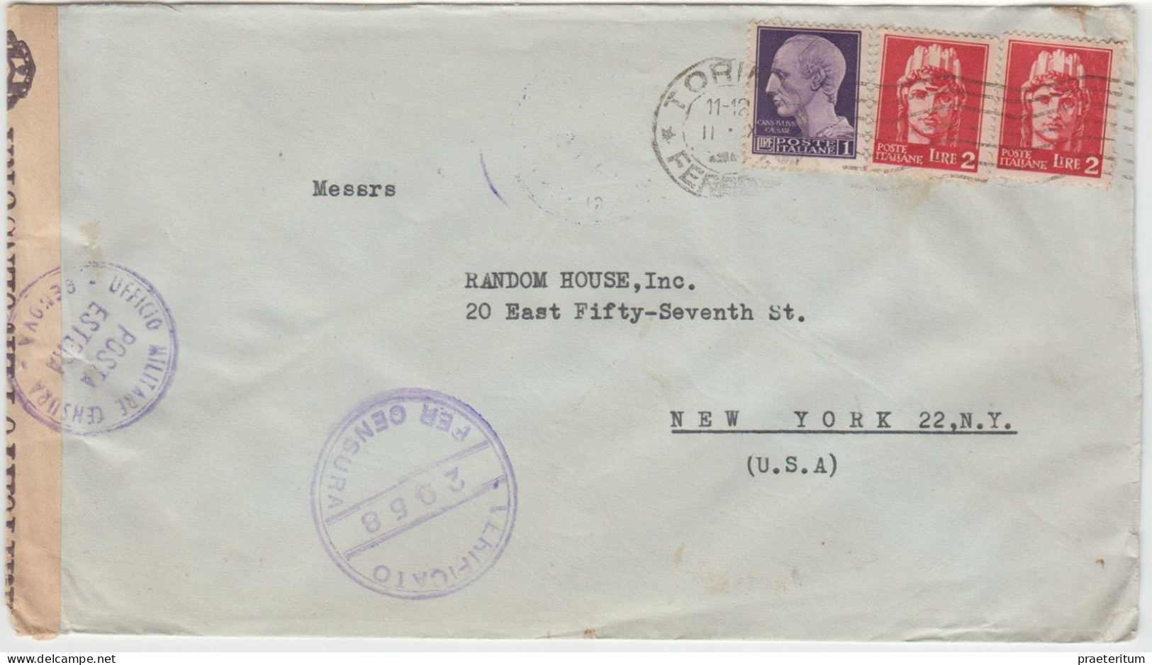 ITALIA Lettera Torino A New York - Ufficio Militare Censura - Posta Estera - 1946-60: Marcophilia