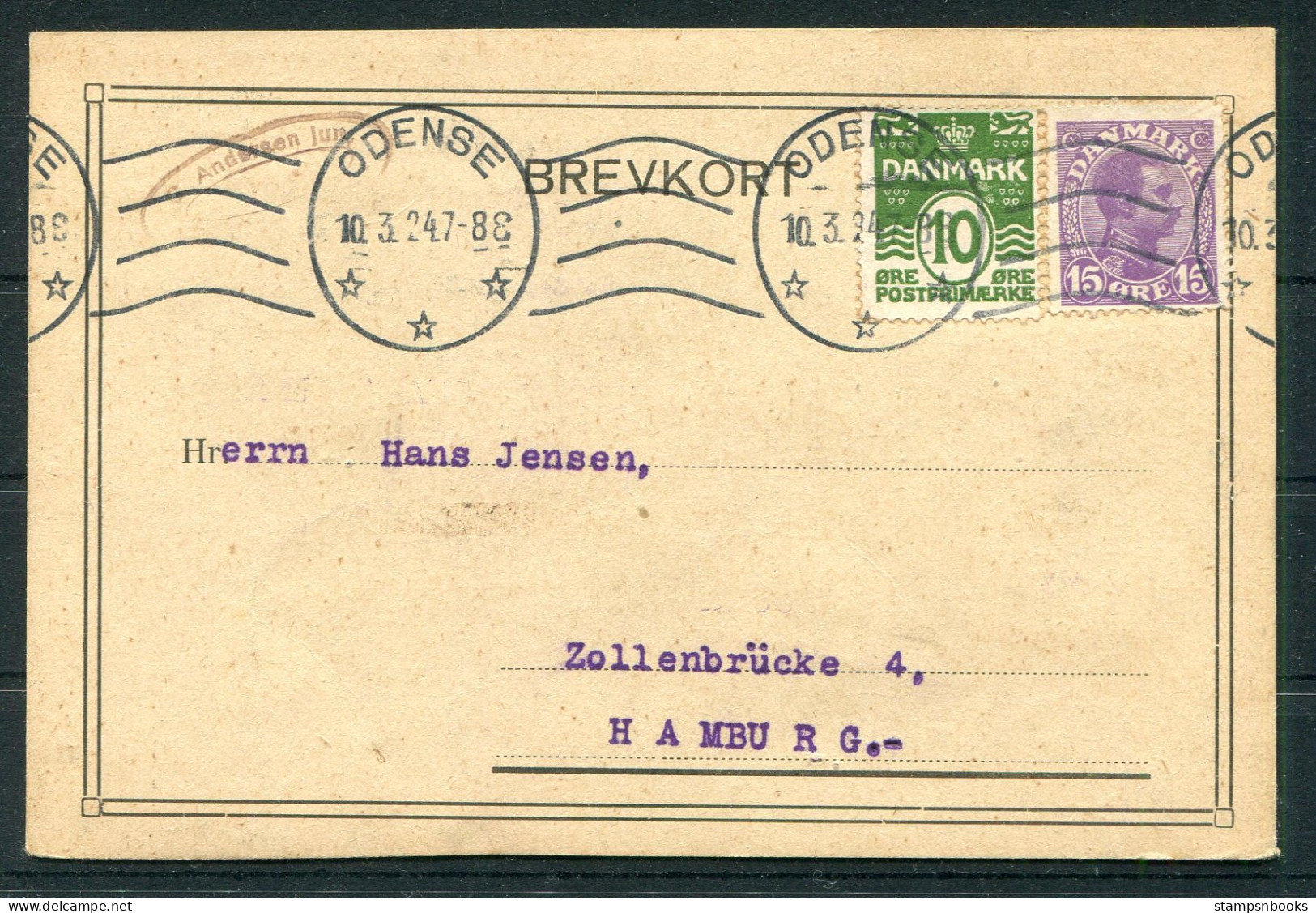 1924 Denmark Odense Business Postcard - Hamburg Germany  - Storia Postale