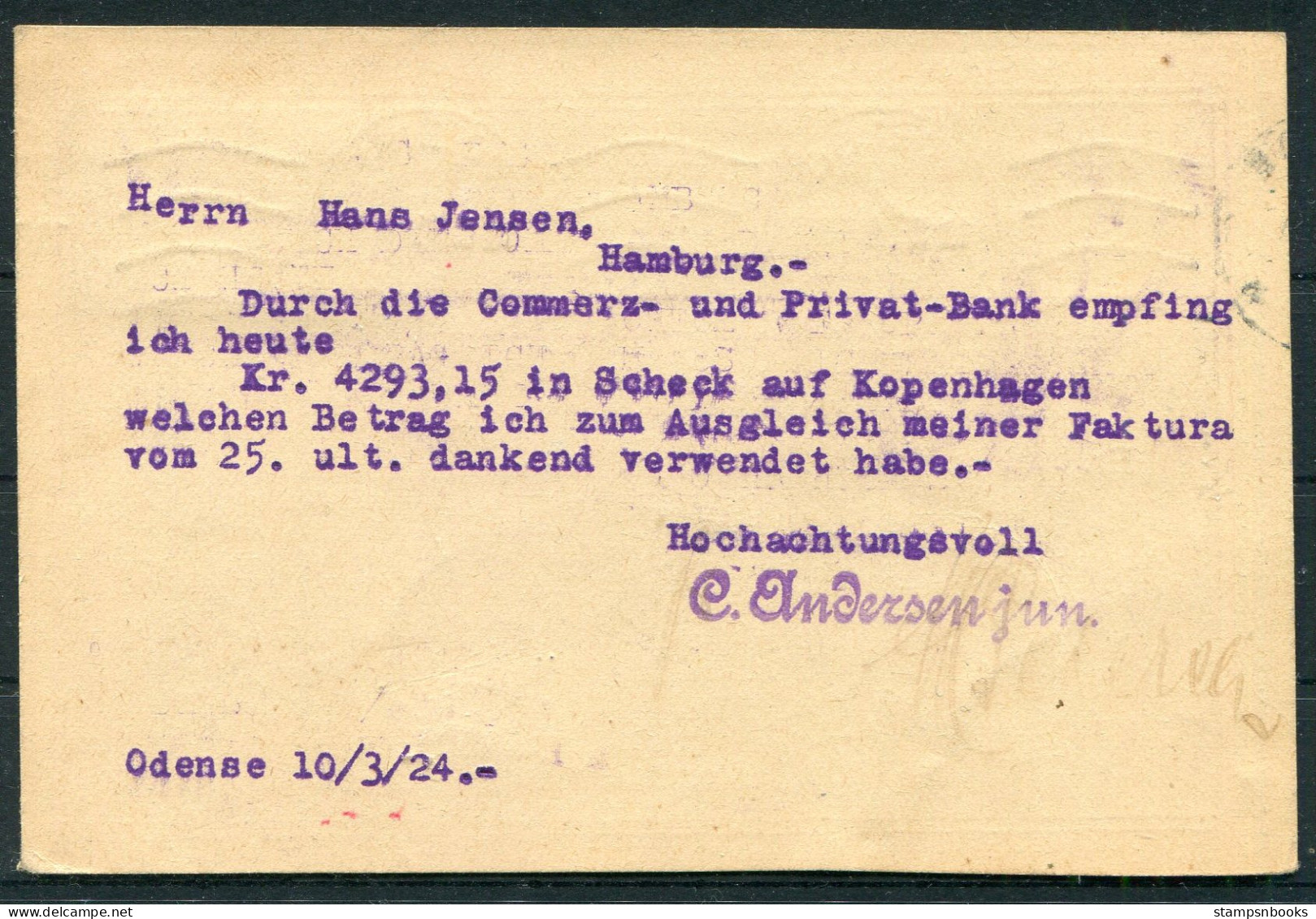 1924 Denmark Odense Business Postcard - Hamburg Germany  - Brieven En Documenten