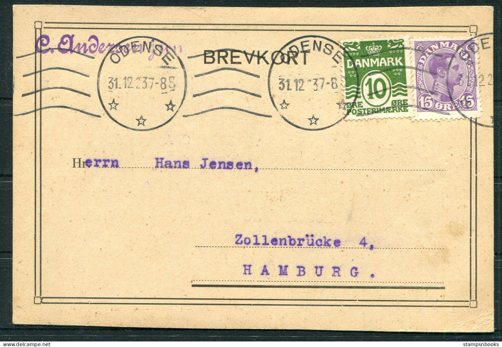 1923 Denmark Odense Business Postcard - Hamburg Germany  - Briefe U. Dokumente