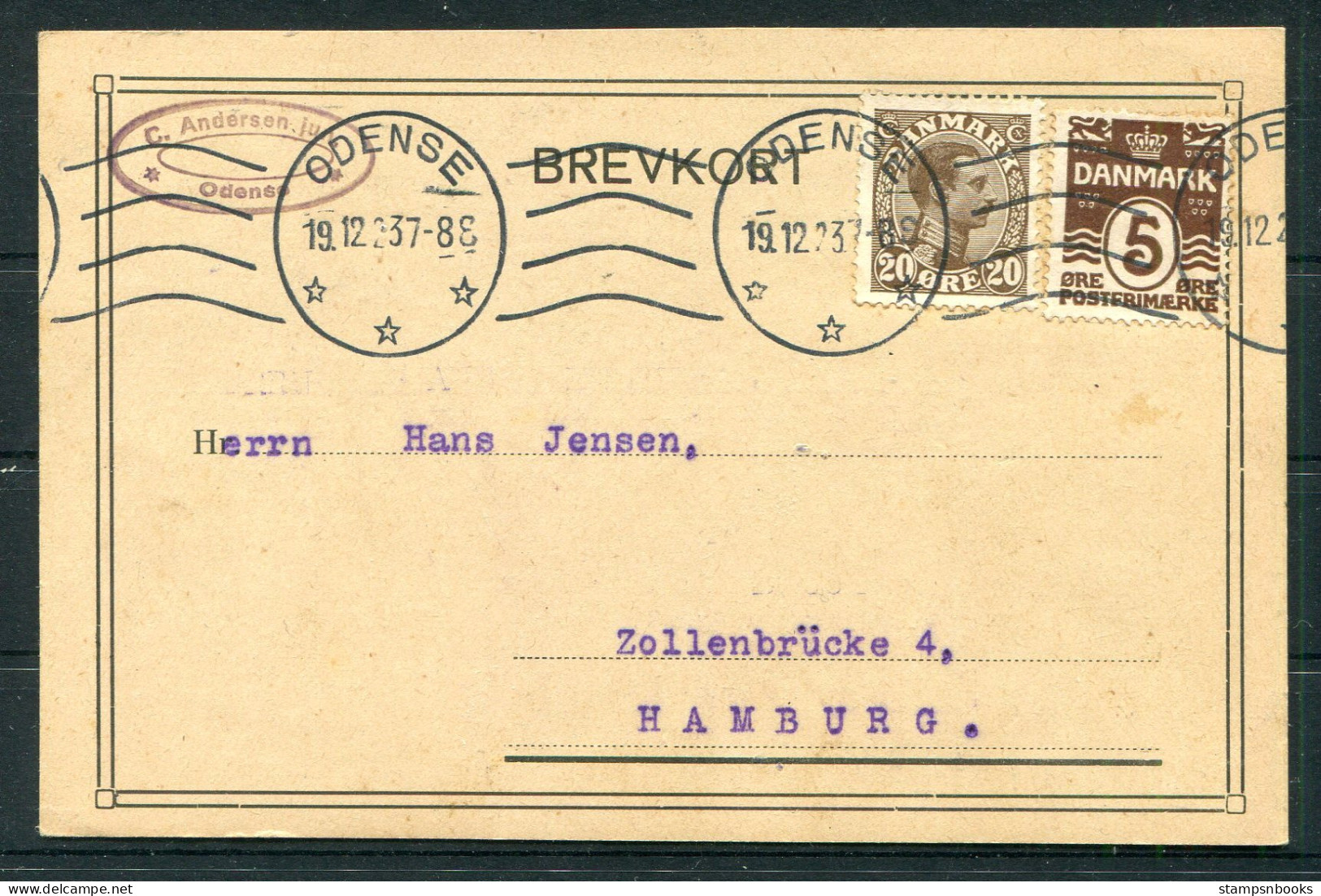 1923 Denmark Odense Business Postcard - Hamburg Germany  - Lettres & Documents