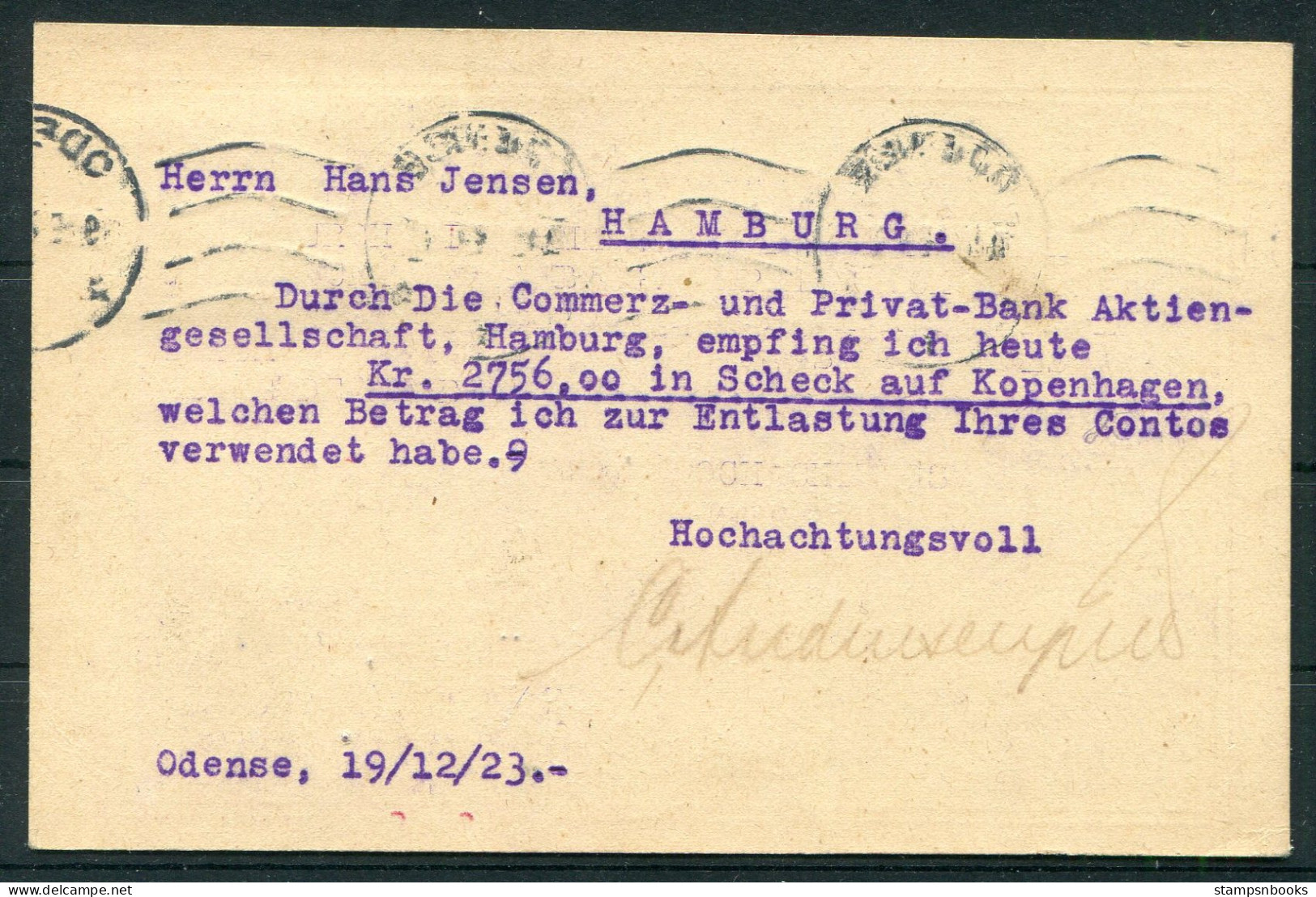 1923 Denmark Odense Business Postcard - Hamburg Germany  - Cartas & Documentos