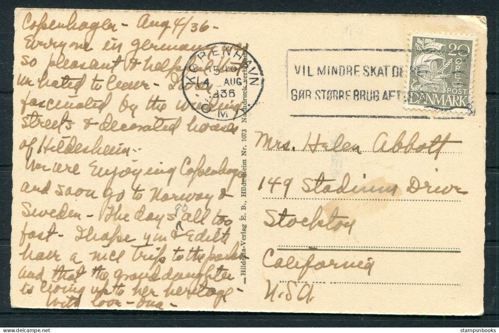 1936 Denmark Hildesheim Germany Postcard Copenhagen - California USA  - Storia Postale