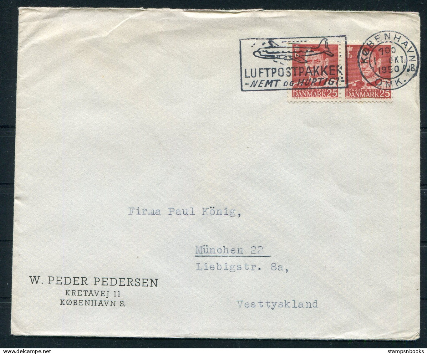 1950 Denmark Copenhagen Luftpostpakker Machine Slogan Cover - Munchen Germany  - Briefe U. Dokumente