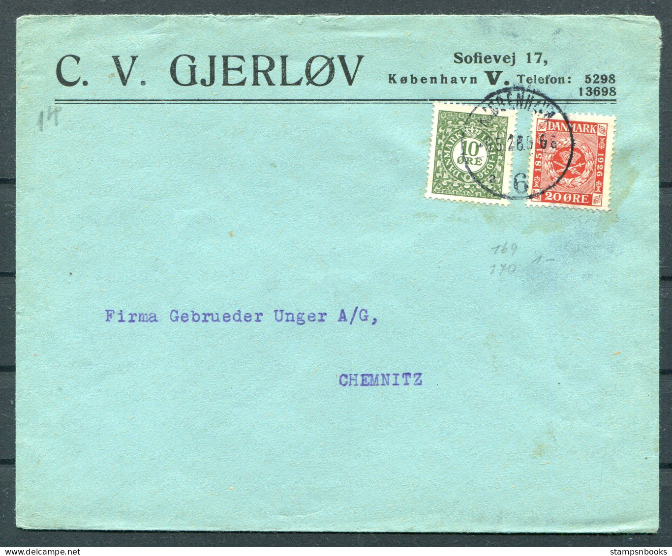1926 Denmark Copenhagen, Stamp Jubilee Cover - Chemnitz Germany  - Lettres & Documents