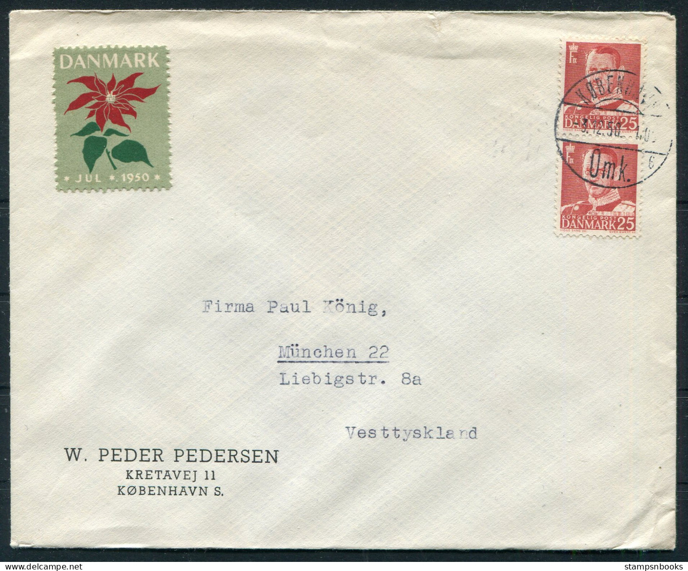 1950 Denmark Copenhagen Pedersen Cover - Munchen Germany. Jul Christmas Charity Seal  - Lettres & Documents