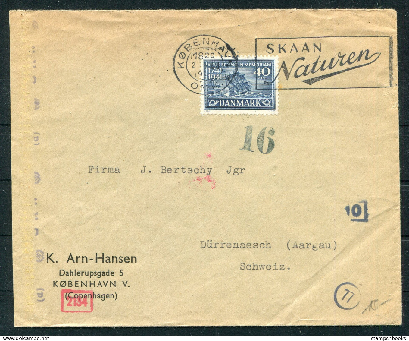1944 Denmark Copenhagen 40 Ore Vitus Bering Censor Cover - Durrenasch Aargau Switzerland  - Covers & Documents