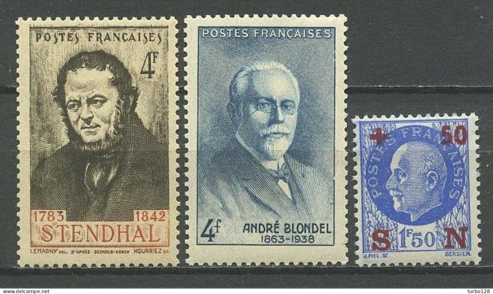 FRANCE 1942 N° 550/552 ** Neufs MNH Superbe C 1.40 € Stendhal Ecrivain André Blondel Physicien Pétain Secours National - Ongebruikt