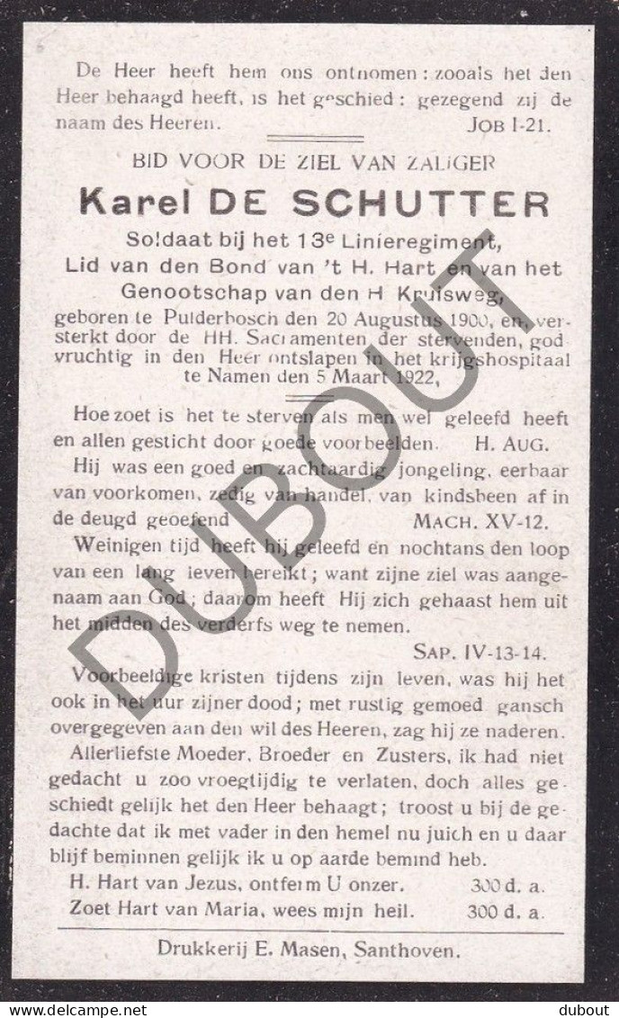 WOI - Soldaat K. De Schutter °Pulderbos 1900 †Krijgshospitaal Namen 1922 (F582) - Obituary Notices