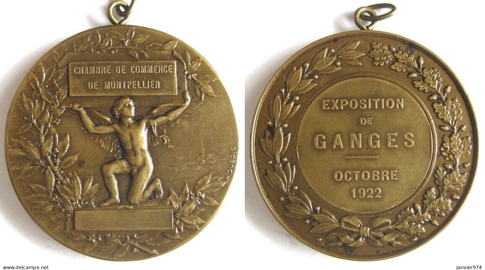 Médaille En Bronze Exposition De GANGES Hérault, 1922 . Chambre De Commerce De Montpellier, Ange Nu, Par DUBOIS - Other & Unclassified