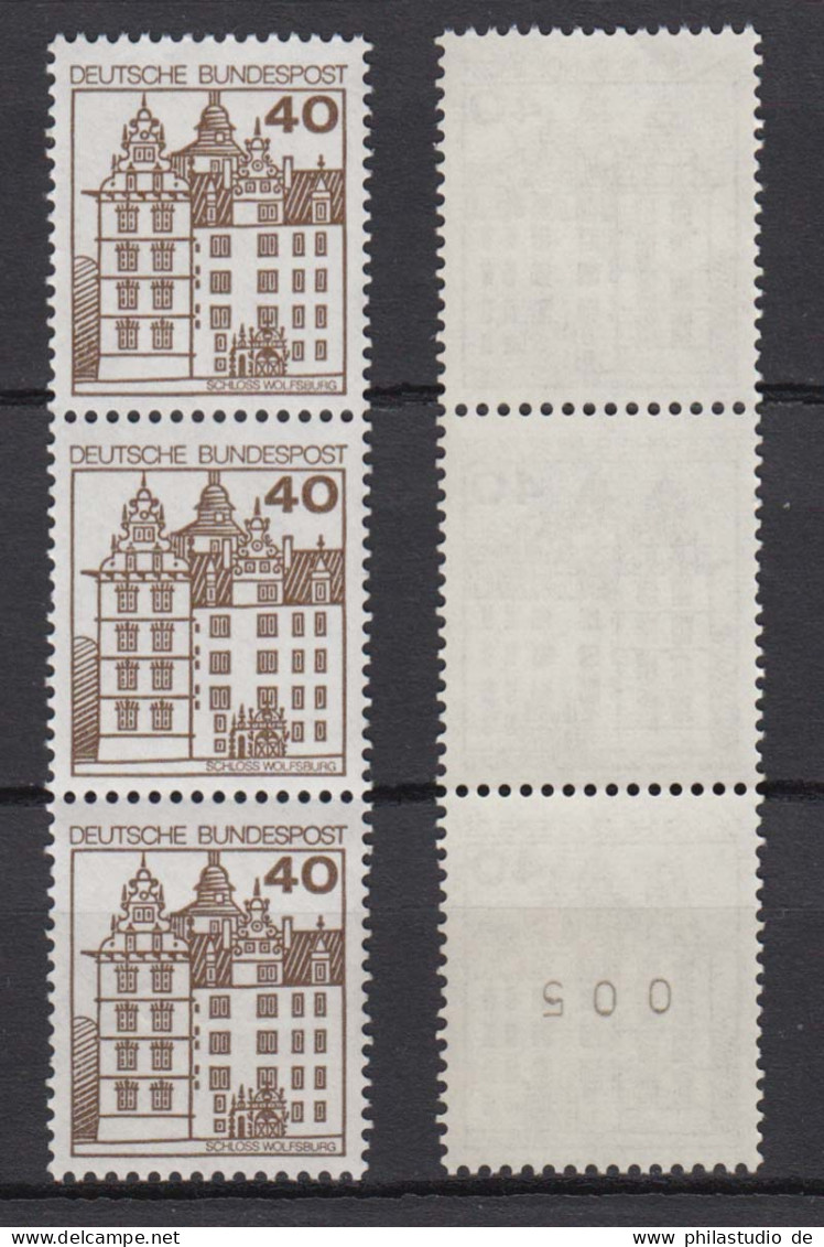 Bund 1037 I 3er Str. Mit Nummer 005 Burgen+Schlösser 40 Pf ** Alte Fluoreszenz - Rollenmarken