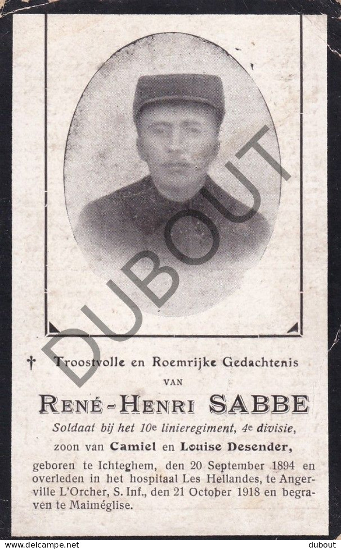WOI - Soldaat René Sabbe °Ichtegem 1894 †Hospitaal Les Hollandes, Angerville L'Orcher 1918 Begraven Maiméglise (F574) - Obituary Notices