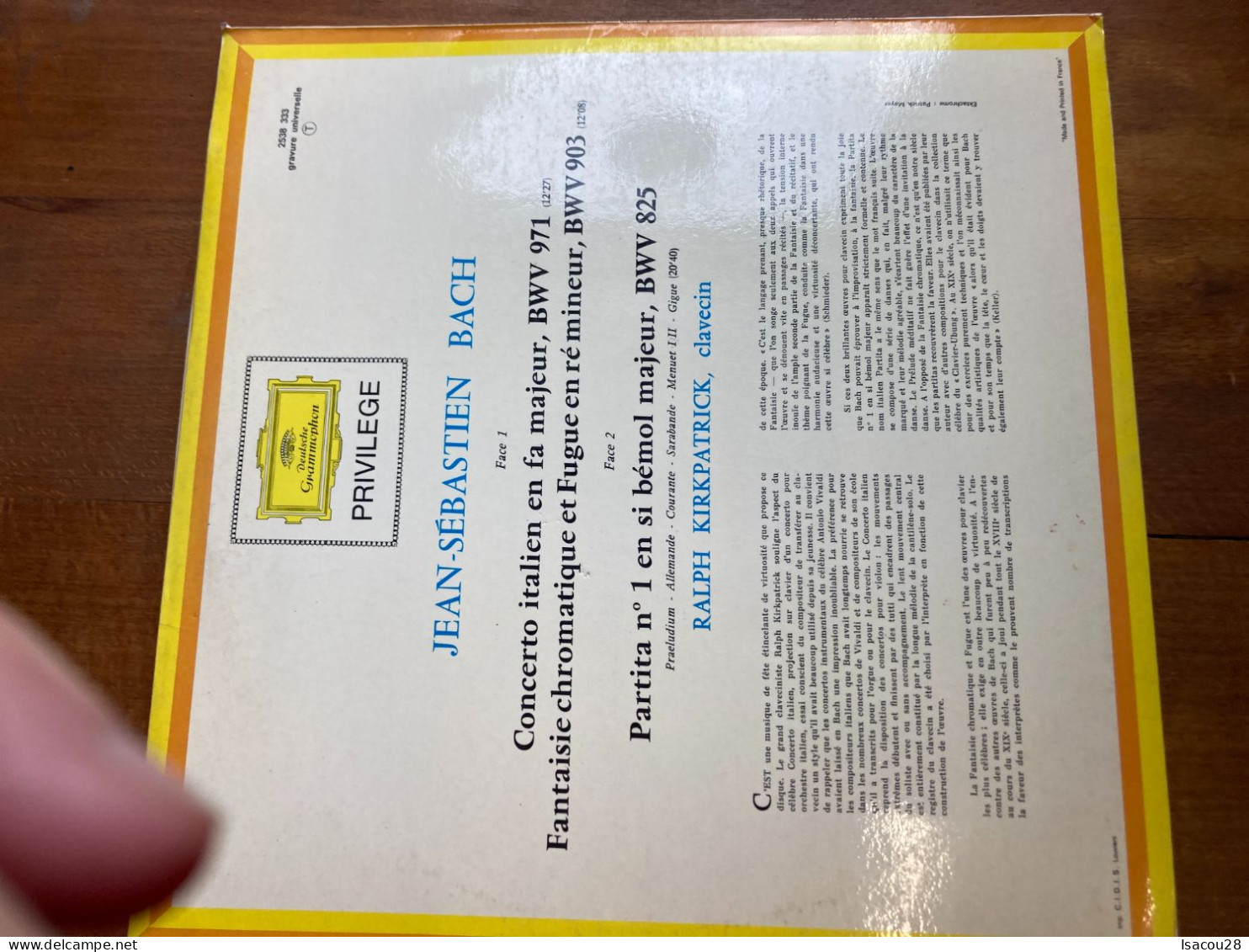 LP - 33T - J.S. BACH CONCERTO ITALIEN .PARTITA N°1. FANTAISISE CHROMATIQUE ET FUGUE. RALPH KIRKPATRIC  - VOIR POCHETTE - Clásica
