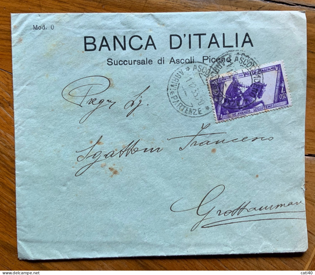 BANCA D'ITALIA - SUCCURSALE DI ASCOLI PICENO - BUSTA CON L.0,50 DECENNALE PER GROTTAMMARE L ' 11/12/33 - Storia Postale