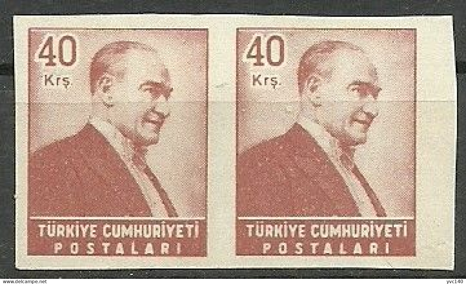 Turkey; 1955 Regular Stamp 40 K. ERROR "Imperforate Pair" - Ongebruikt