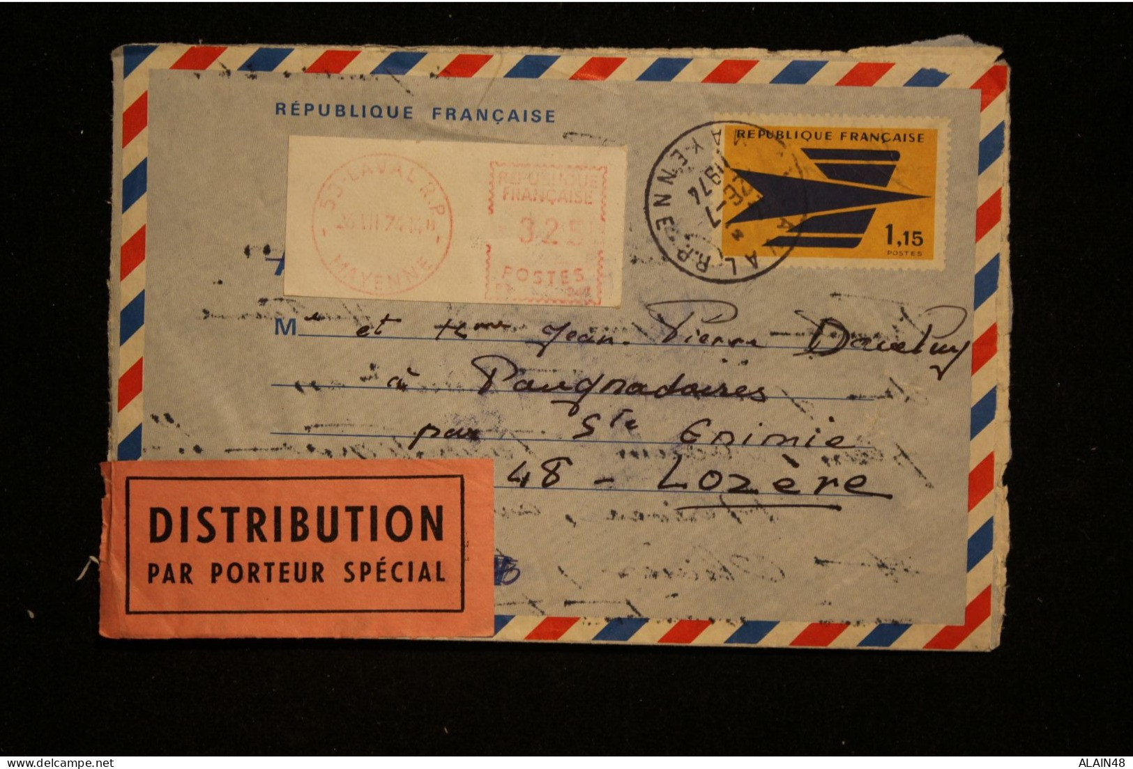 FRANCE AEROGRAMME N°1002 YT Transforme En Lettre Avec Distribution Par Porteur Spécial De LAVAL A ST ENIMIE Du 26.7.1974 - 1961-....