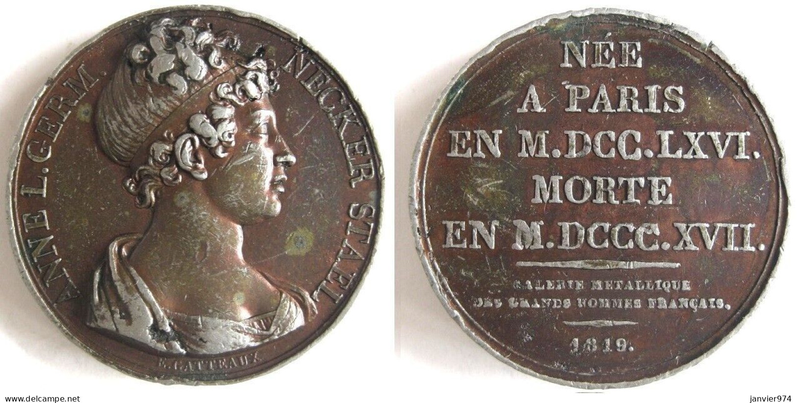 Médaille Anne Louise Germaine Necker, Baronne De Staël-Holstein 1819, Madame De Staël , Par Gatteaux - Royal / Of Nobility