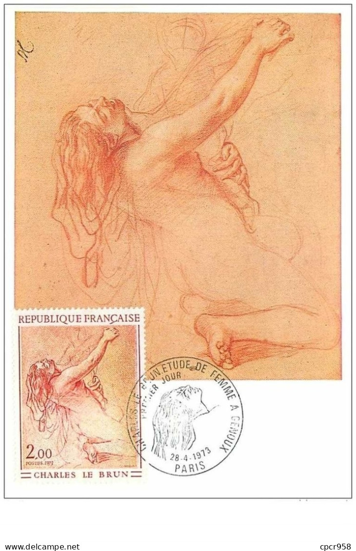 TIMBRES.n°27384.CARTE MAXIMUM.1973.CHARLES LEBRUN.FEMME A GENOUX TENANT UN ENFANT - 1970-1979