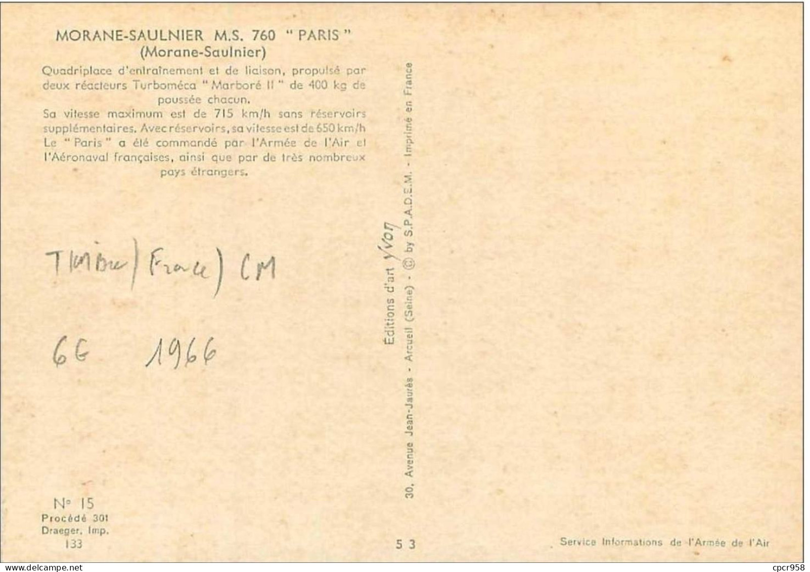 TIMBRE.CARTE MAXIMUM.n°24764.MORANE-SAULNIER MS 60 "PARIS".1966 - 1960-1969