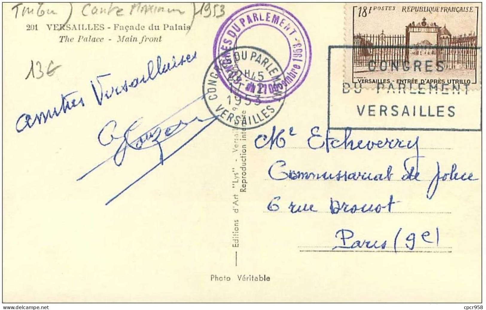 TIMBRE.CARTE MAXIMUM.n°10118.VERSAILLES.FACADE DU PALAIS.1953 - Lettres & Documents