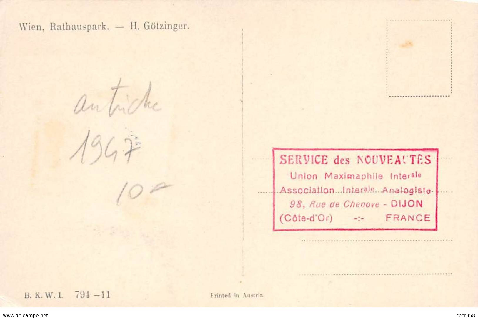 AUTRICHE.Carte Maximum.AM14144.1947.Cachet Autriche.Wien, Rathausparck.H.Götzinger - Used Stamps
