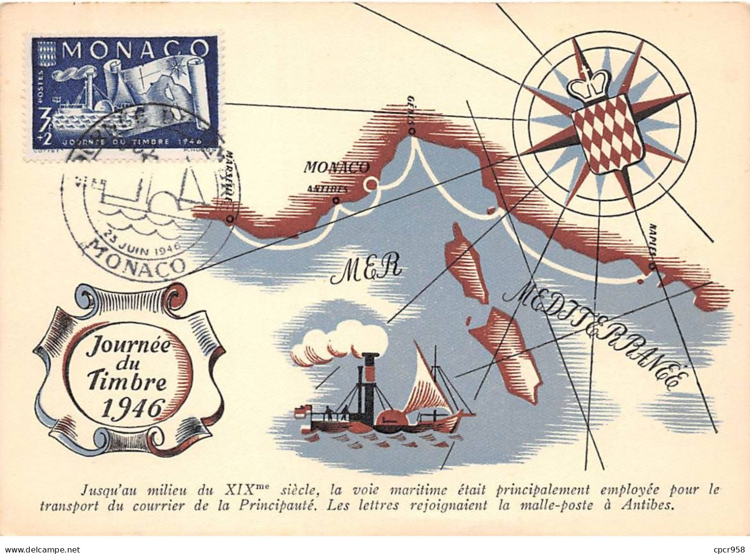 MONACO.Carte Maximum.AM14139.1946.Cachet Monaco.Carte Méditétannée.bateau Vapeur.Transport Courrier - Usati