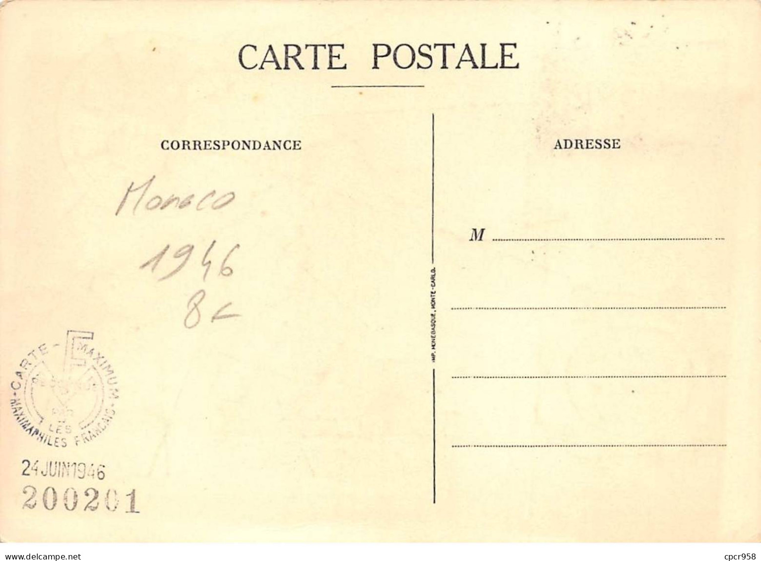 MONACO.Carte Maximum.AM14139.1946.Cachet Monaco.Carte Méditétannée.bateau Vapeur.Transport Courrier - Oblitérés