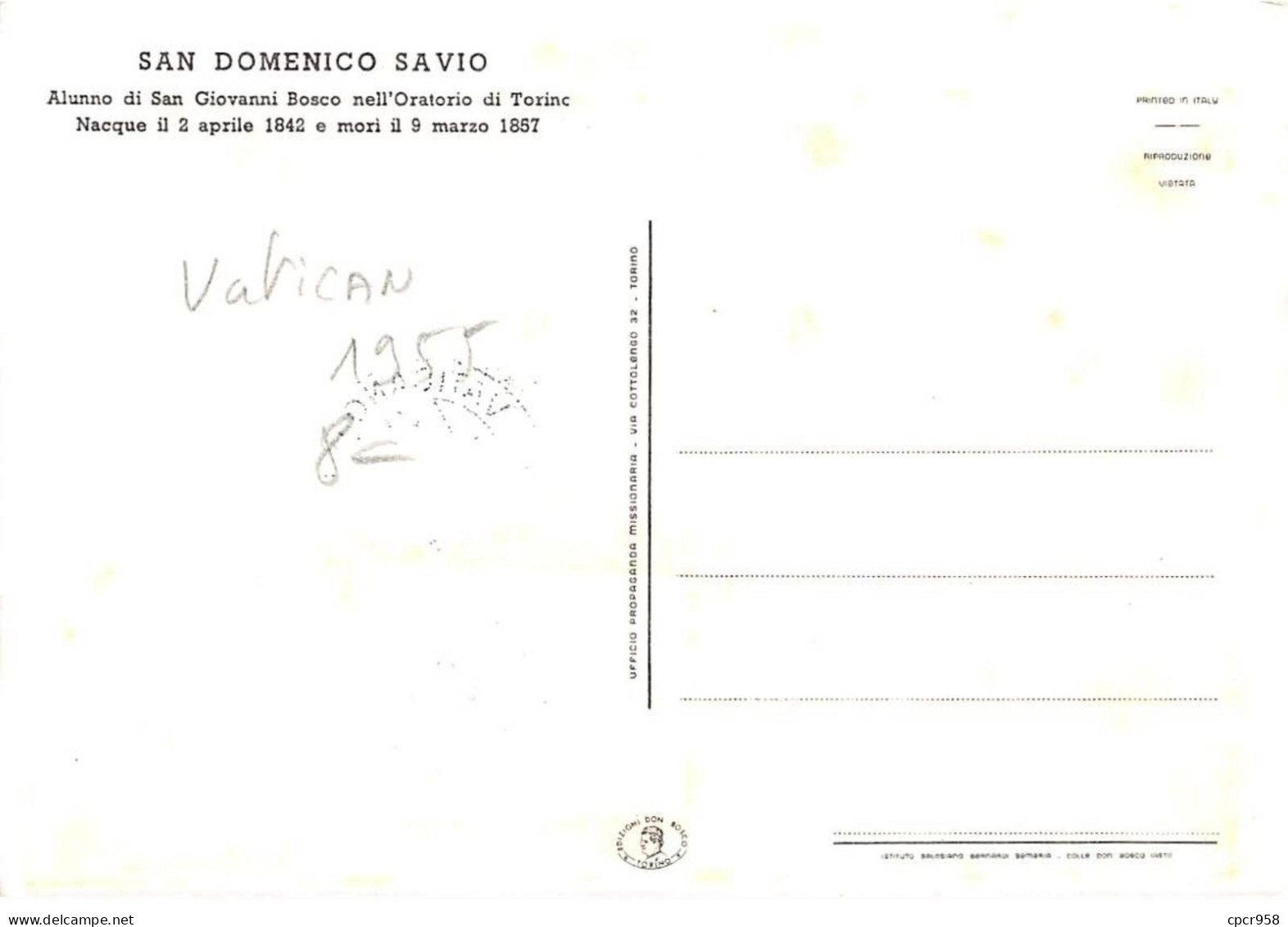 VATICAN.Carte Maximum.AM14047.1955.Cachet Vatican.San Domenico Savio - Usados
