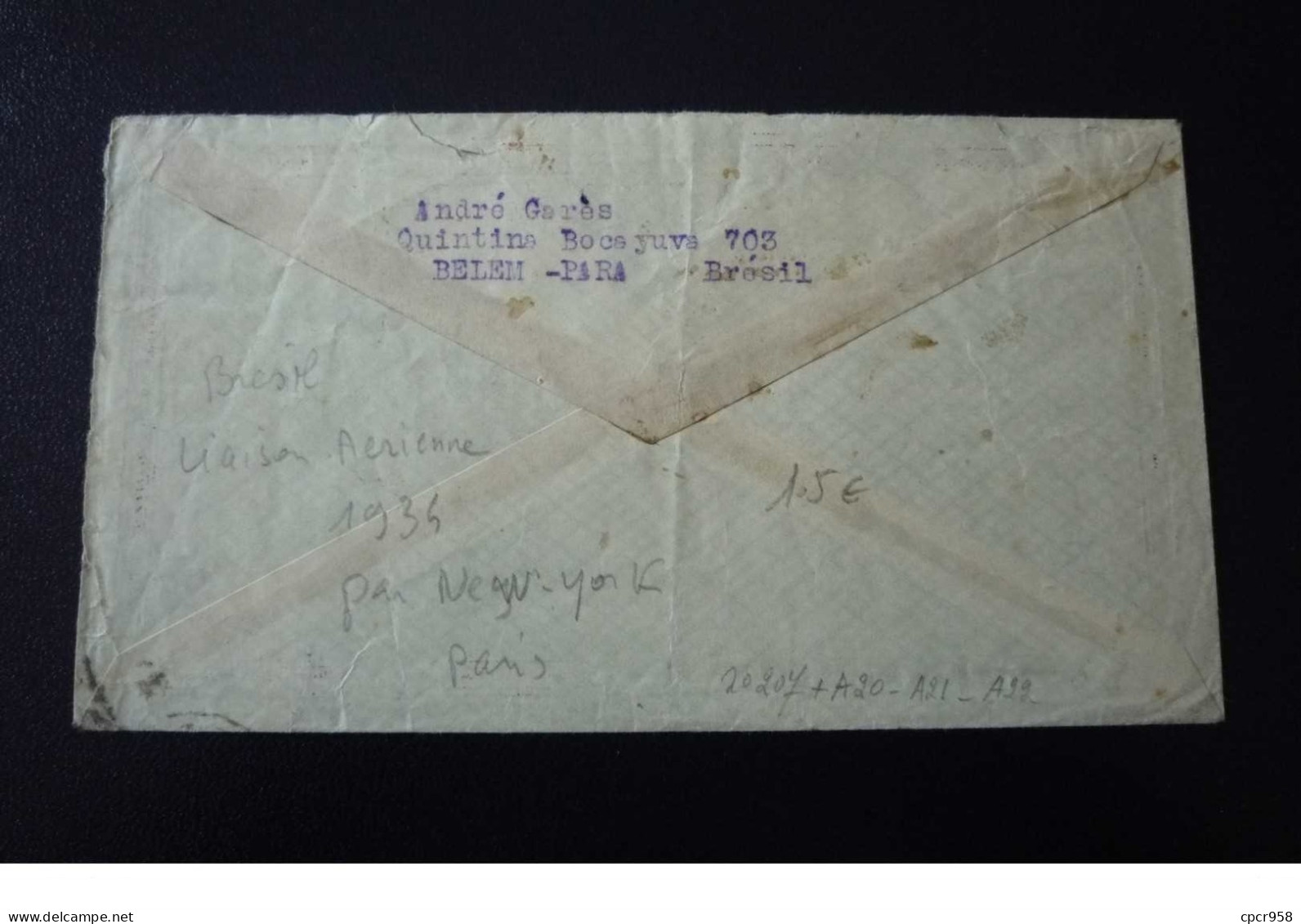 Bresil. N°150057.belem/clermont Ferrand/new York .1934.timbres .cachet .obliterations Mixtes.aerea - Posta Aerea