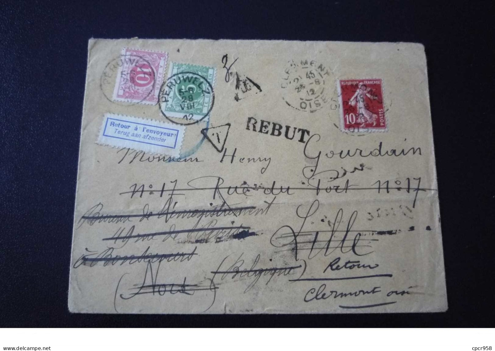 Belgique. N°150028 .peruwelz Pour Clermont Oise Par Lille. 1912 .timbres .cachet . Obliteration Mixte.rebut - Cartas & Documentos