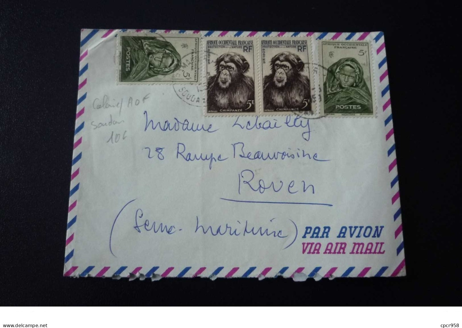 Aof. N°150052.soudan/rouen .1959?.timbres .cachet .obliterations Mixtes. - Brieven En Documenten