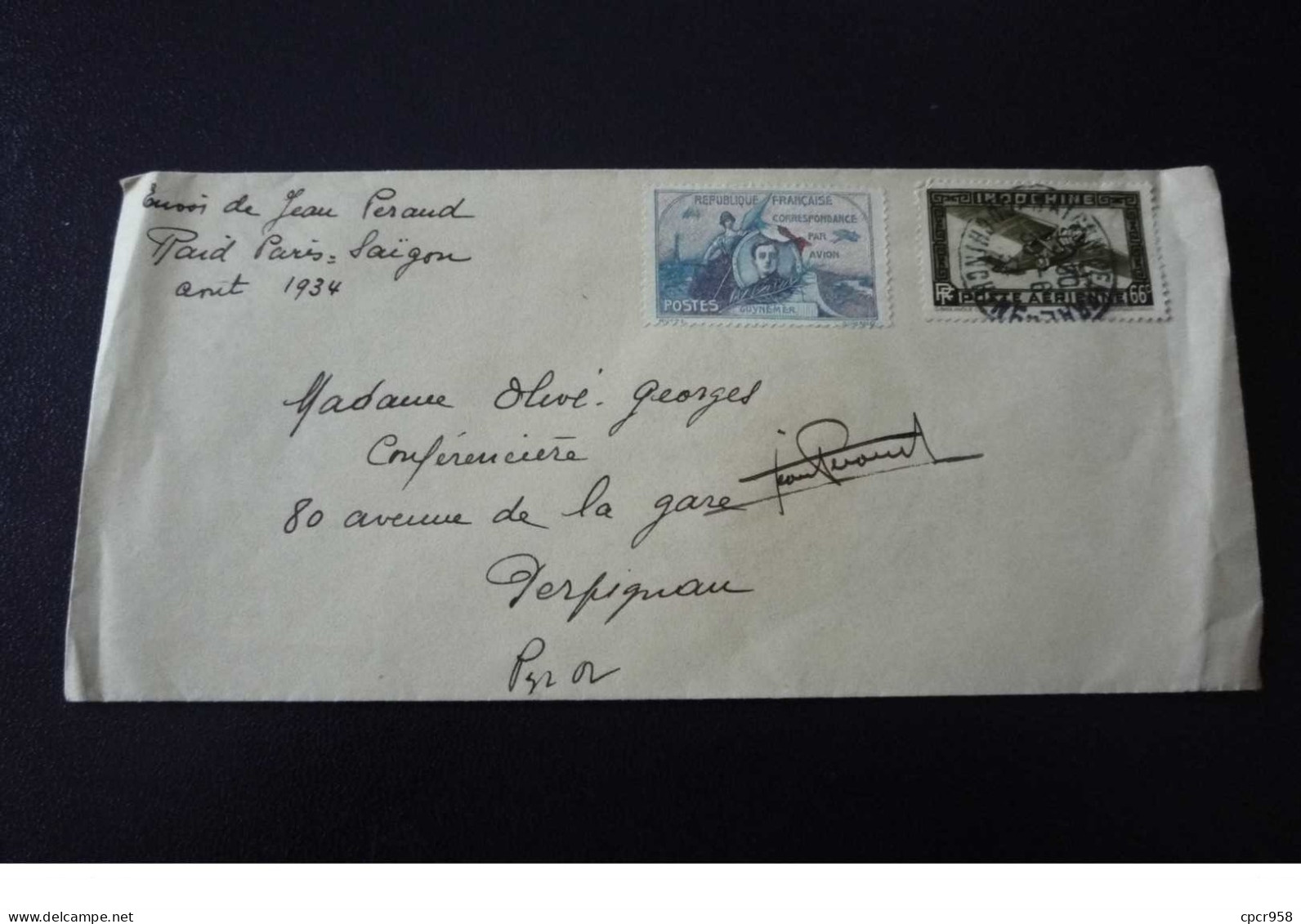 Indochine.tonkin. N°150038 .hanoi/ Perpignan Raid Paris Saigon .1934.timbres .cachet .obliterations Mixtes. - Lettres & Documents