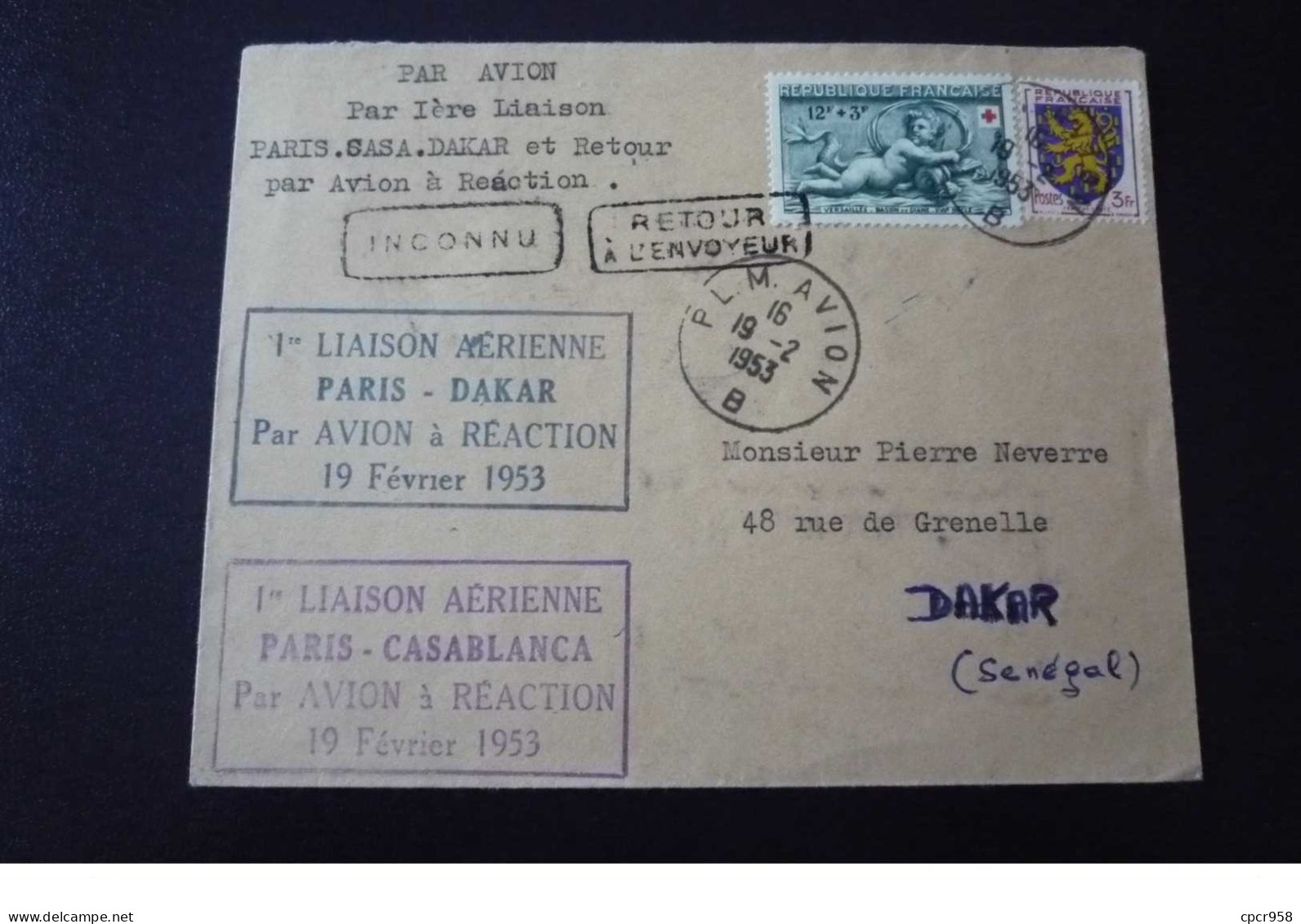Senegal. N°150050.dakar/paris/casablanca .1953.timbres .cachet .obliterations Mixtes.1er Liaison Aerienne - Flugzeuge