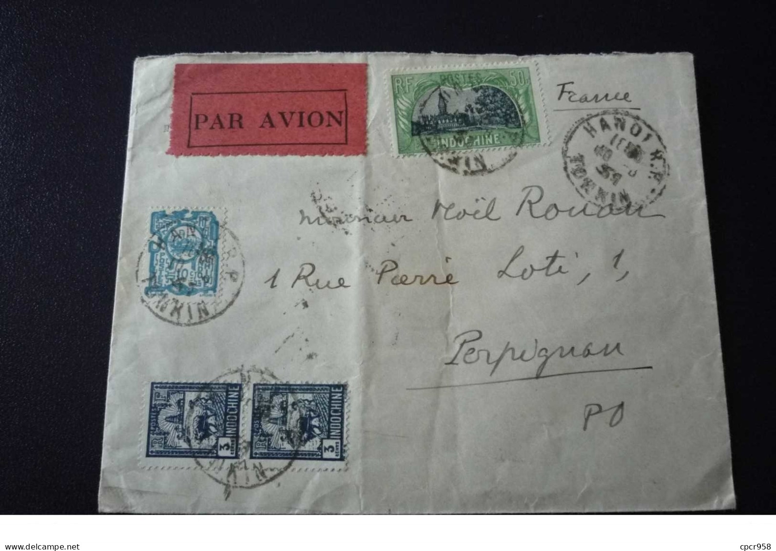 Indochine.tonkin. N°150035 .hanoi/ Perpignan Poste Aerienne .1931.timbres .cachet .obliterations Mixtes. - Covers & Documents