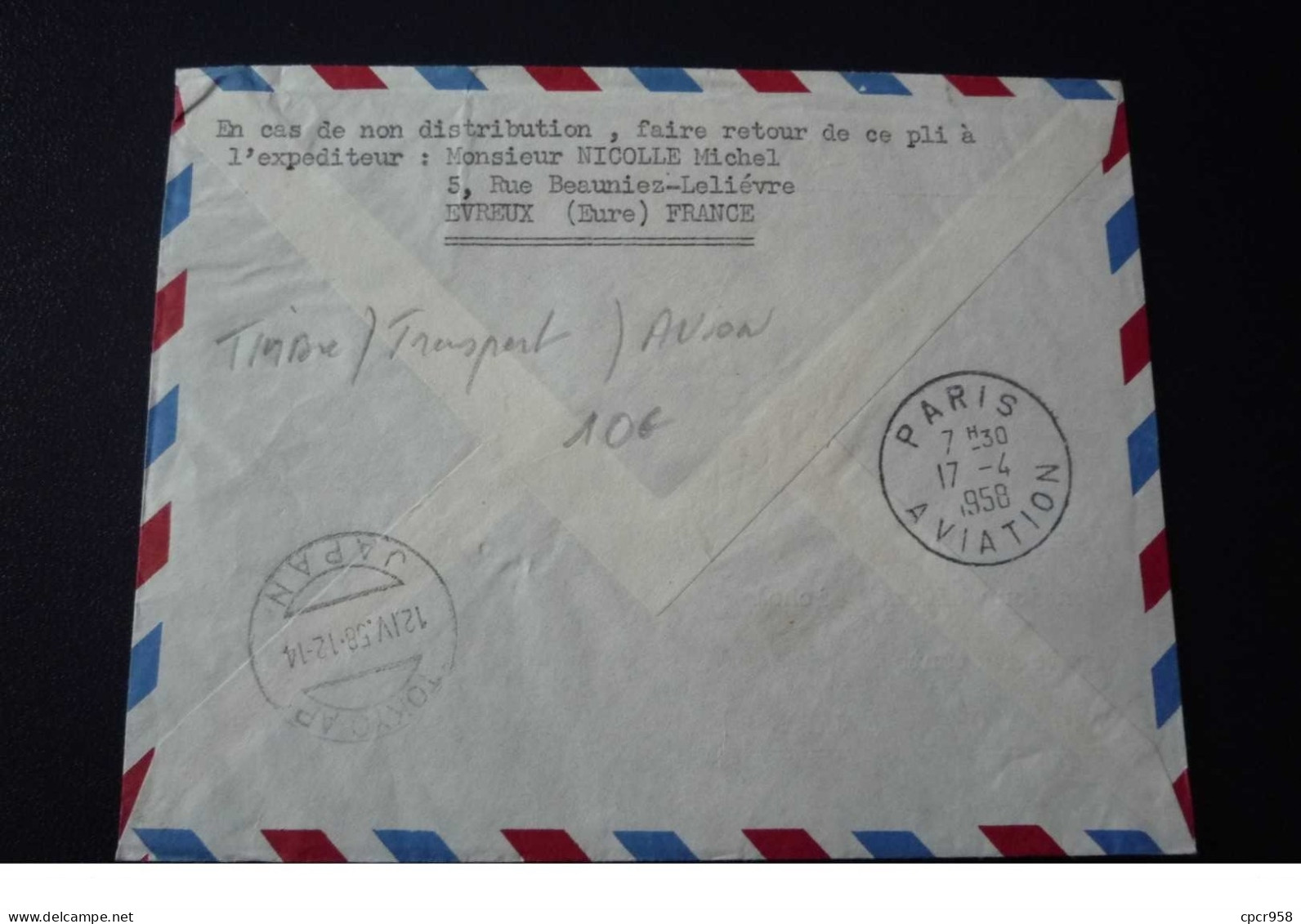 Japon Transpolaire. N°150058.evreux/tokyo .1934.timbres .cachet .obliterations Mixtes.1er Liaison Aerienne - Aerei