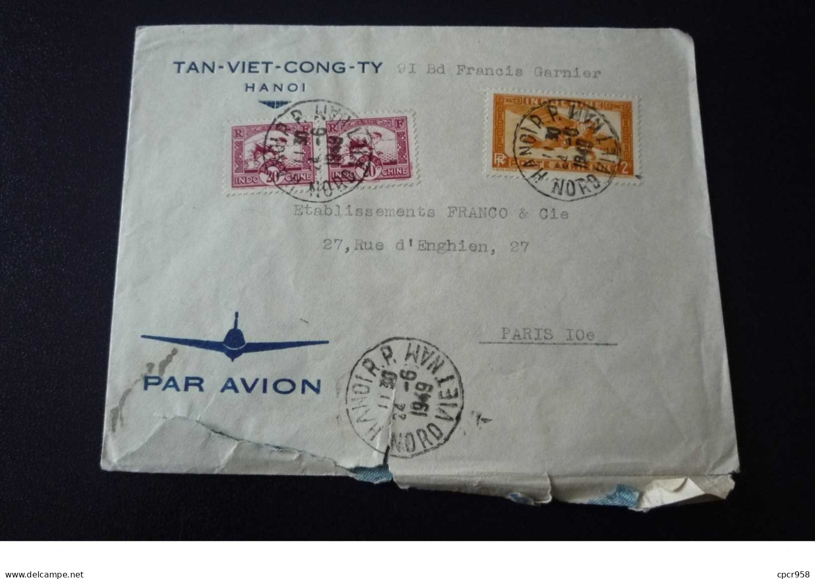 Indochine.viet-nam. N°150033 .hanoi/ Marseille Poste Aerienne .1949.timbres .cachet .obliterations Mixtes. - Covers & Documents
