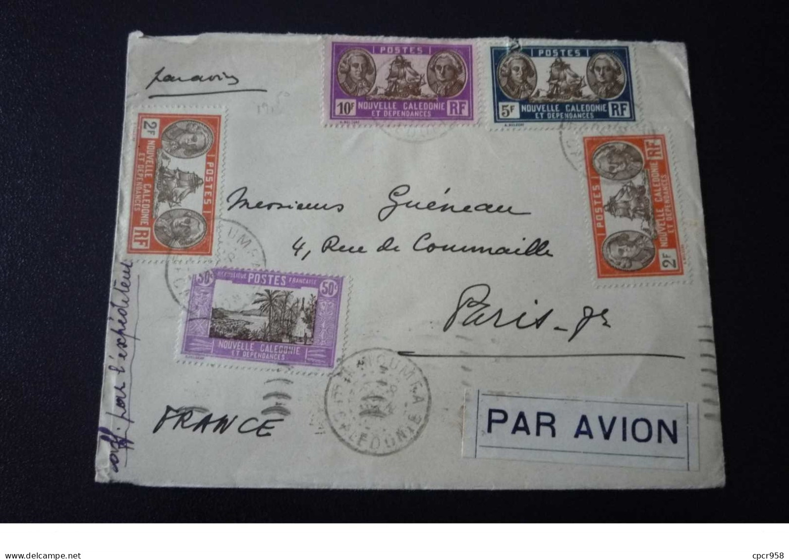France Nouvelle Caledonie. N°150046.noumea/paris .1938.timbres .cachet .obliterations Mixtes. - Brieven En Documenten