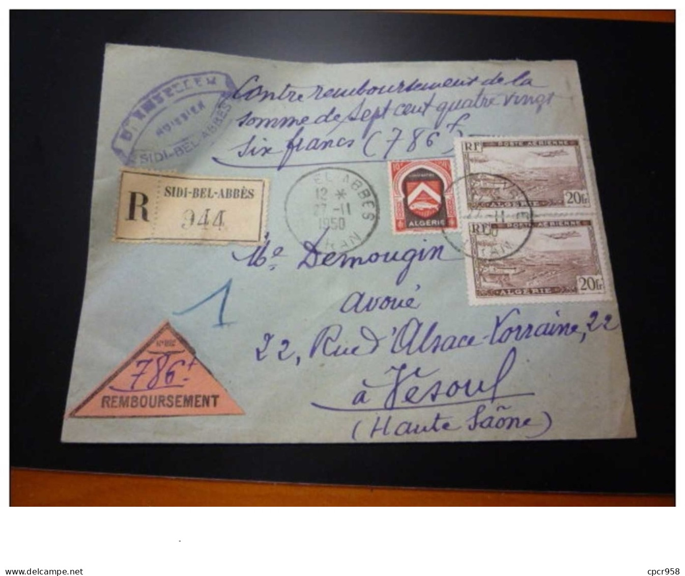 TIMBRE.n°29548.ALGERIE.CONTRE REMBOURSEMENT DE LA SOMME DE 786 FRANCS.1950RECOMMANDE - Storia Postale