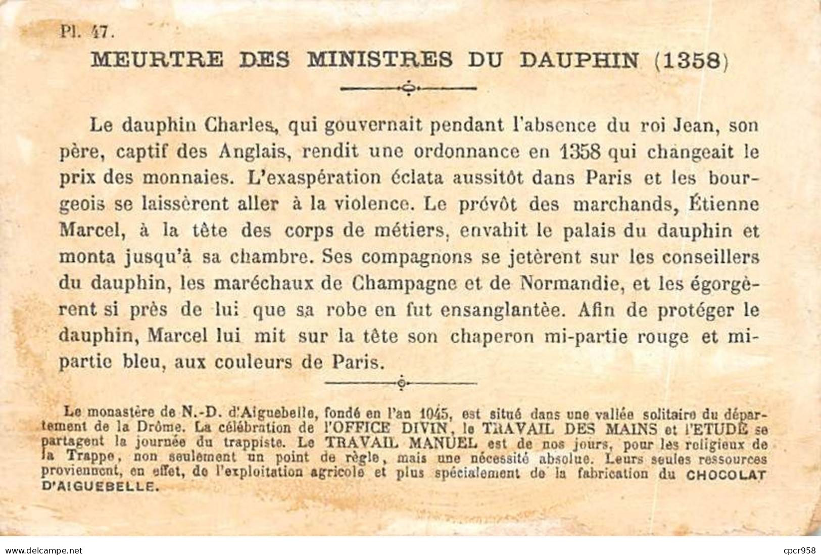 CHROMOS.AM23064.7x10 Cm Env.Chocolat D'Aiguebelle.Meurtre Des Ministres Du Dauphin.1358 - Aiguebelle